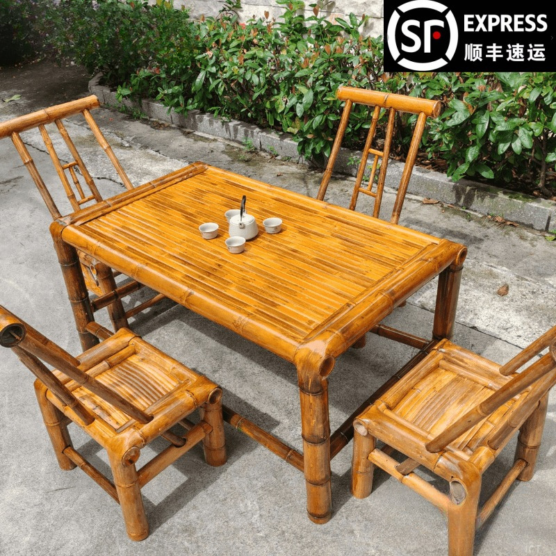 Retro Courtyard Bamboo Table and Chair Combination Bamboo Chair Old-Fashioned Bamboo Table Outdoor Square Table Tea Table Coffee Table Bamboo Products Furniture
