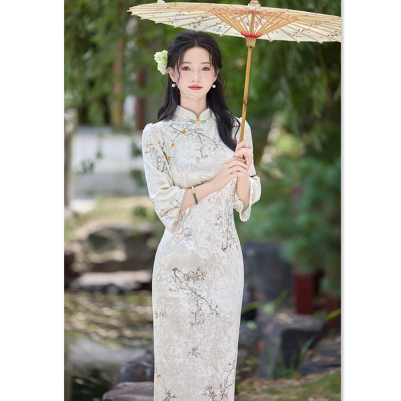 新中式素雅丝绒旗袍2025秋新款气质少女小个子修身国风大小姐旗袍|undefined
