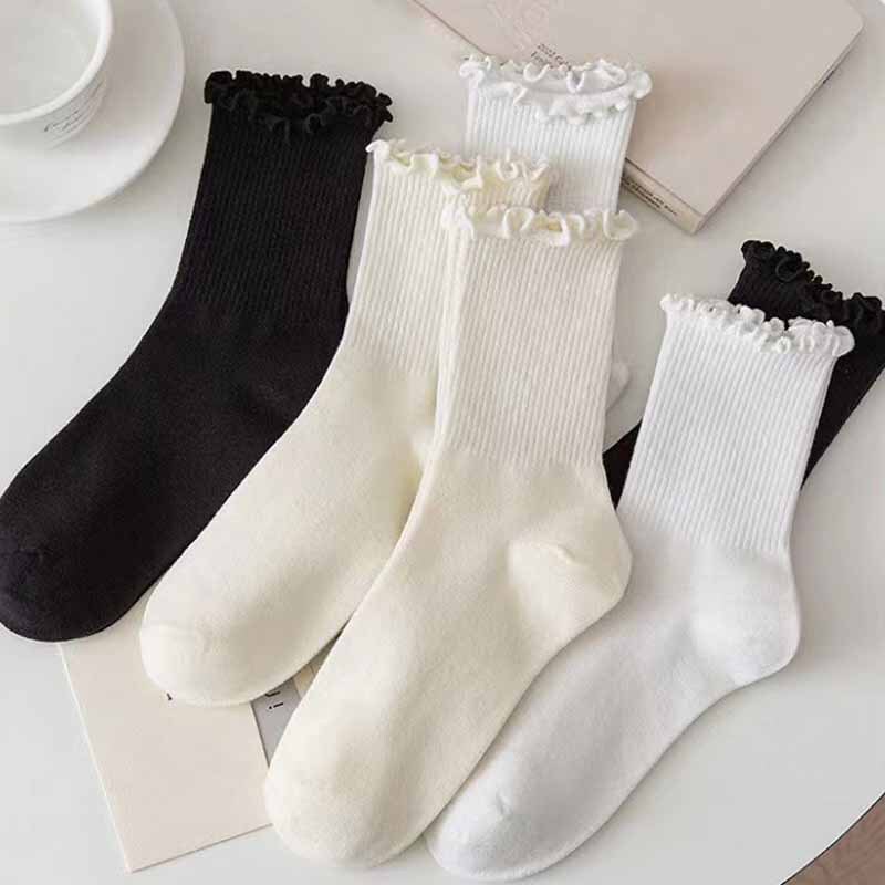 White Piled Socks Ear Edge Japanese Spring and Autumn Thin Jk Socks Women's Mary Jane Shoes Flower Lolita Zhuji Hosiery