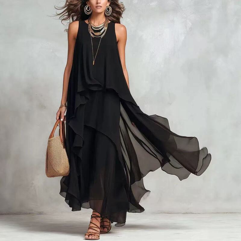 2026 European and American Cross-Border Amazon Solid Color Flowing Asymmetrical Hem Sleeveless Layered Cake Dress Vacation Style 2026 European and American Cross-Border Amazon Solid Color Flowing Asymmetrical Hem Sleeveless Layered Cake Dress Vacation Style