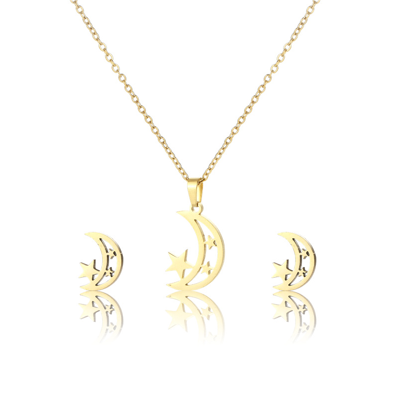 Star Moon Set Stainless Steel Hollow Star Moon Necklace Earrings Three-piece Clavicle Chain display picture 1
