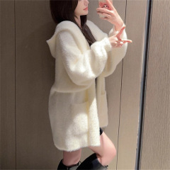 中长款仿水貂绒连帽毛衣女秋冬新款慵懒加厚宽松软糯针织开衫外套