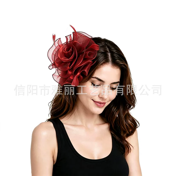 Cross-border bestseller organza headpiece, European and American bridal feather headwear, vintage floral hair accessory for horse racing events, wholesale