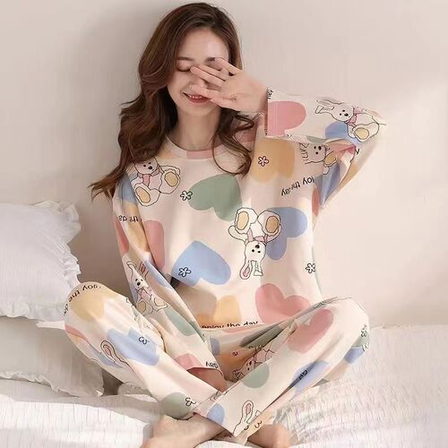 Women's cartoon thin casual round neck pajama set with long sleeves and pants, suitable for cross-border spring and autumn seasons, can be worn outside.