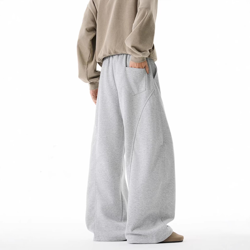 Men's Spring American-Style Loose Wide-Leg Gray Sweatpants, Heavyweight Thin Curved Casual Pants, Unisex Drapey Sports Pants