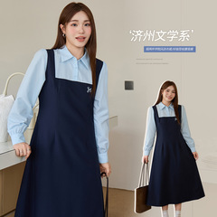 韩系假两件刺绣学院风收腰显瘦裙子女秋新款胖mm大码连衣裙66037