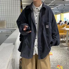 コーデュロイコート男子香港風日本ファッションブランド春秋ゆるい百合服デザイン感小衆長袖シャツ