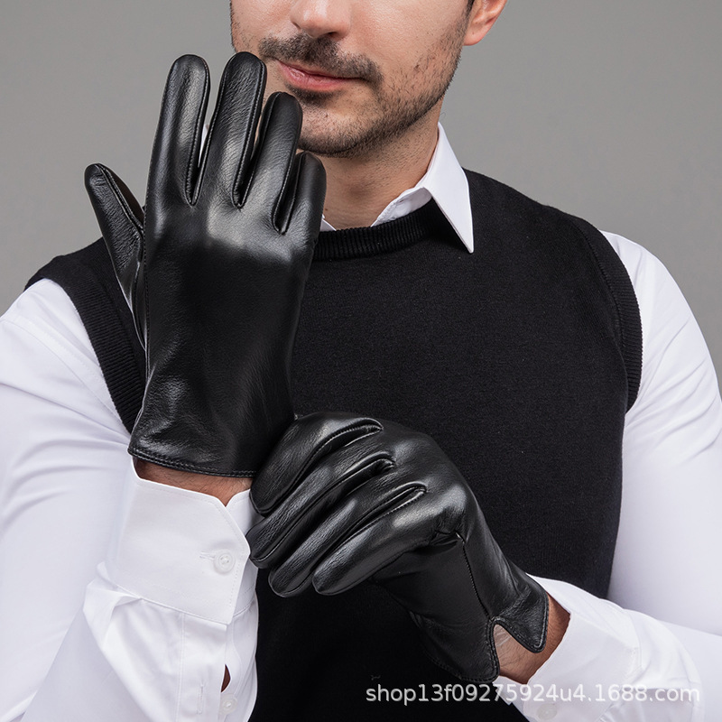 Top layer cowhide men's leather gloves warm wool touch screen simple fashion business windproof cold autumn and winter handsome