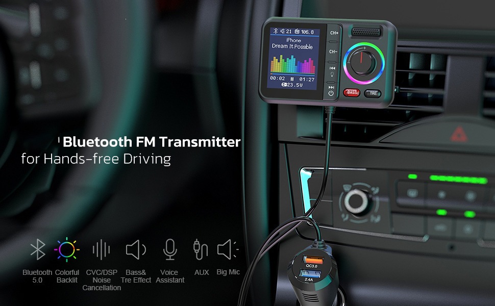 Bt98 New Car Bluetooth Mp3 Player Qc3 Fast Charging Color Screen Ambient Light Fm Transmitter Hands-Free Call Plug-In