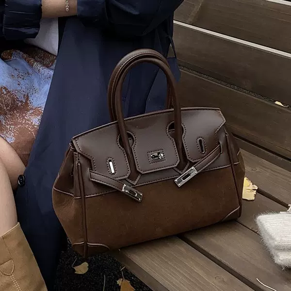 跨境麂皮绒拼接托特包女2025秋冬新款撞色百搭大容量单肩斜挎包