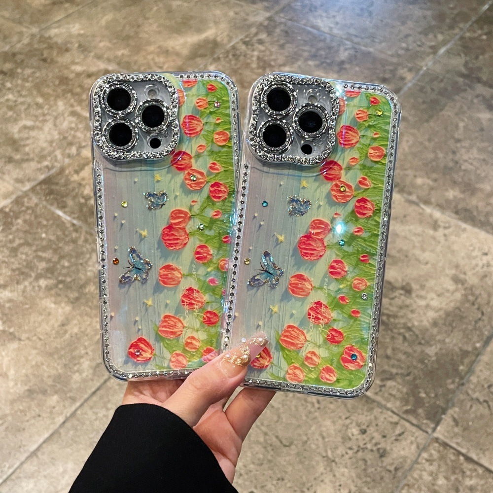 Pintura al óleo estilo ins, tulipanes, flores, mariposas, apple para Apple 15ProMax, flash Diamond iphone16, funda para teléfono móvil 14P