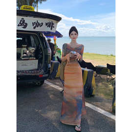 三亚泰国海边沙滩裙收腰显瘦气质长袖长裙度假风荡领扎染连衣裙夏