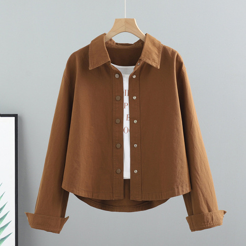 Women's Short-Sleeve Cotton Denim Jacket Spring and Autumn Season Korean Style Loose Fit Versatile Long-Sleeve Shirt Work Jacket Top