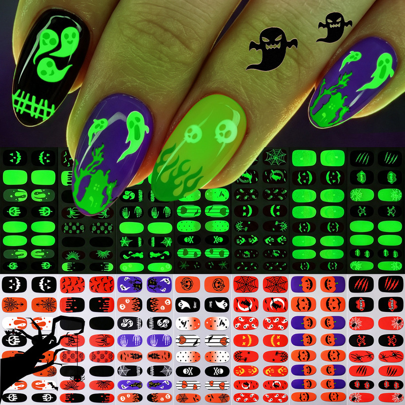 Cross-border bestseller: 16-piece Halloween fluorescent nail stickers with ghost, haunted house, and skull designs, long-lasting and removable