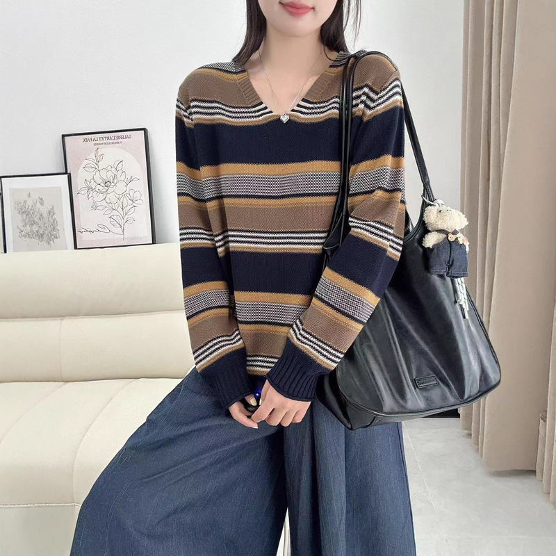 2025秋季新款 复合条纹做旧针织毛衣 宽松V领套头内搭毛衣上衣女|undefined