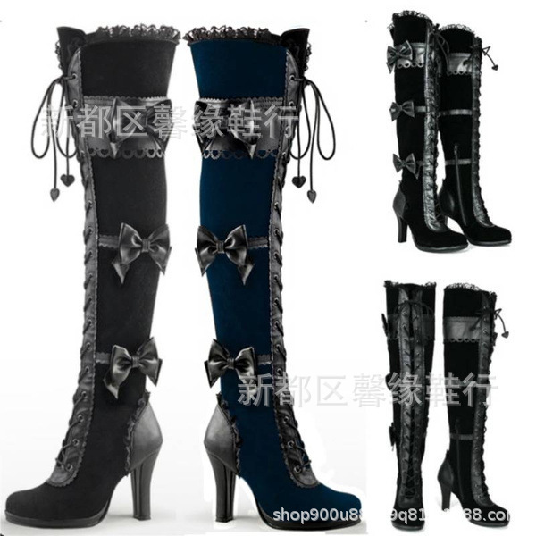 35-43 Large Size European and American Cross-Border Victorian Style Bow Tie Punk Halloween Costume Over-The-Knee Boots X362