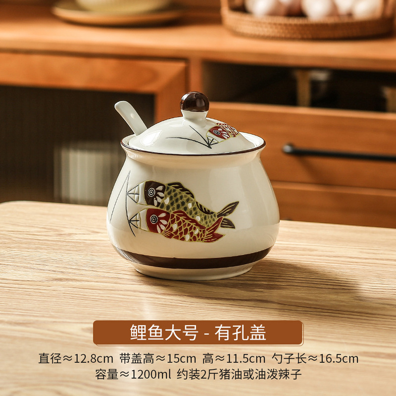 コイ豚油缶陶磁器調味缶蓋付き塩缶キッチン唐辛子油缶高温油かけ辛い生臭物油缶|undefined