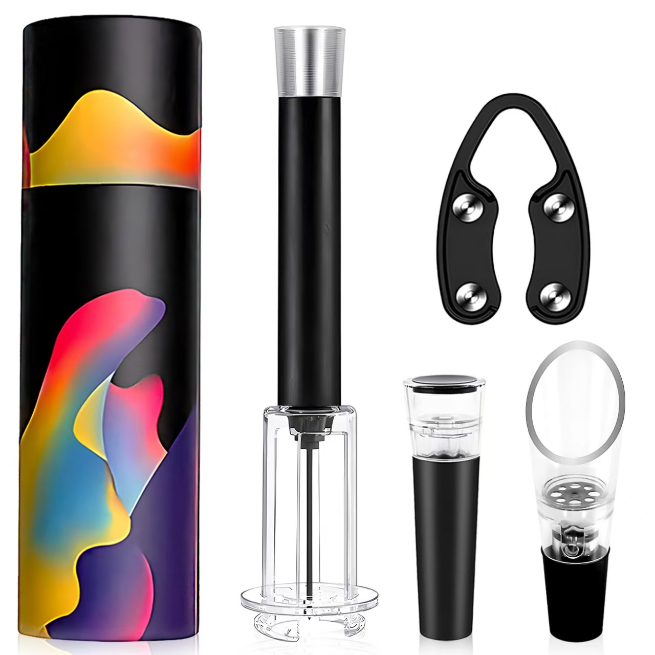 플라스틱 막대 알루미늄 헤드 검정색 공기압 병따개 4개 세트(철 와인 푸어러) 드럼