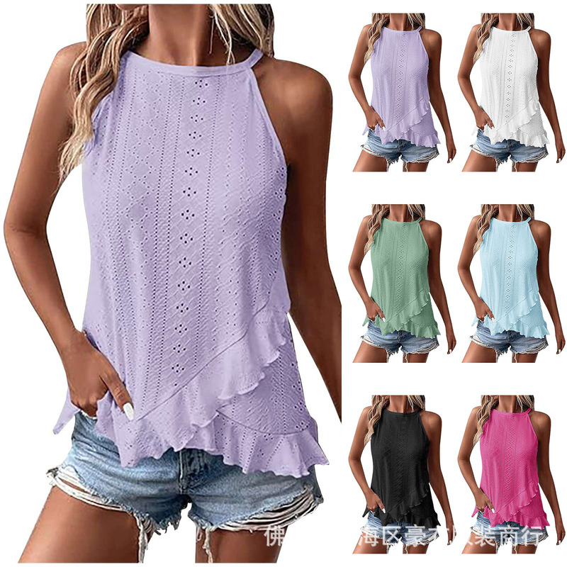 2024 Cross-Border European and American Amazon Summer New Women's Sleeveless t Blood Eye Embroidered Ruffled Halter Top