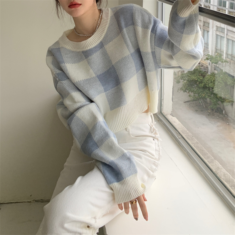 春秋季2023新款格子撞色短款毛衣女甜美针织衫设计感软糯别致上衣