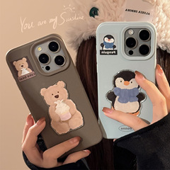 アップル16携帯ケース15promax油絵熊ペンギンiphone14立体13韓系12シリカゲル