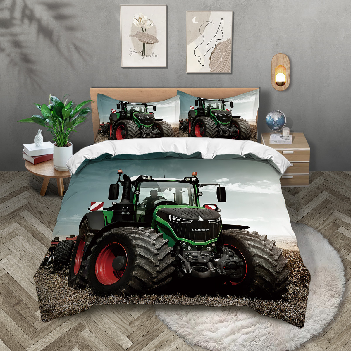 Customized Tractor Pattern Brushed Three-Piece Quilt Cover Cross-Border Digital Printing Kit Quilt Cover Pillowcase Bedding
