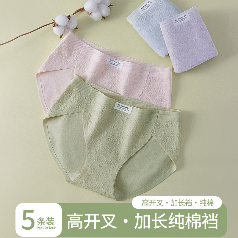 Class a Jacquard Cotton Underwear Women's Mid-Waist 10A Cotton Extended Antibacterial Crotch High Slit Seamless One-Piece Large Size Triangle