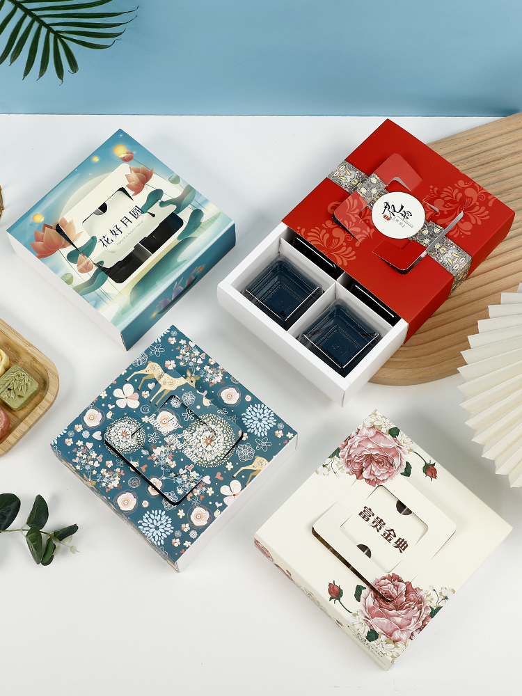 Caja de pastel de luna de mediodía de otoño, caja de embalaje portátil de yemas de huevo, caja de regalo de 4 / 6 cápsulas, belleza de nieve, flores de nieve, 80g.