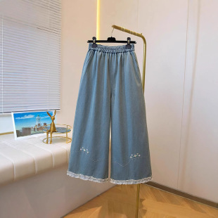plus size Women 2025 Spring and Summer New Loose Wide-leg Jeans with Loose Waist Slimming Lace Stitching Straight Pants