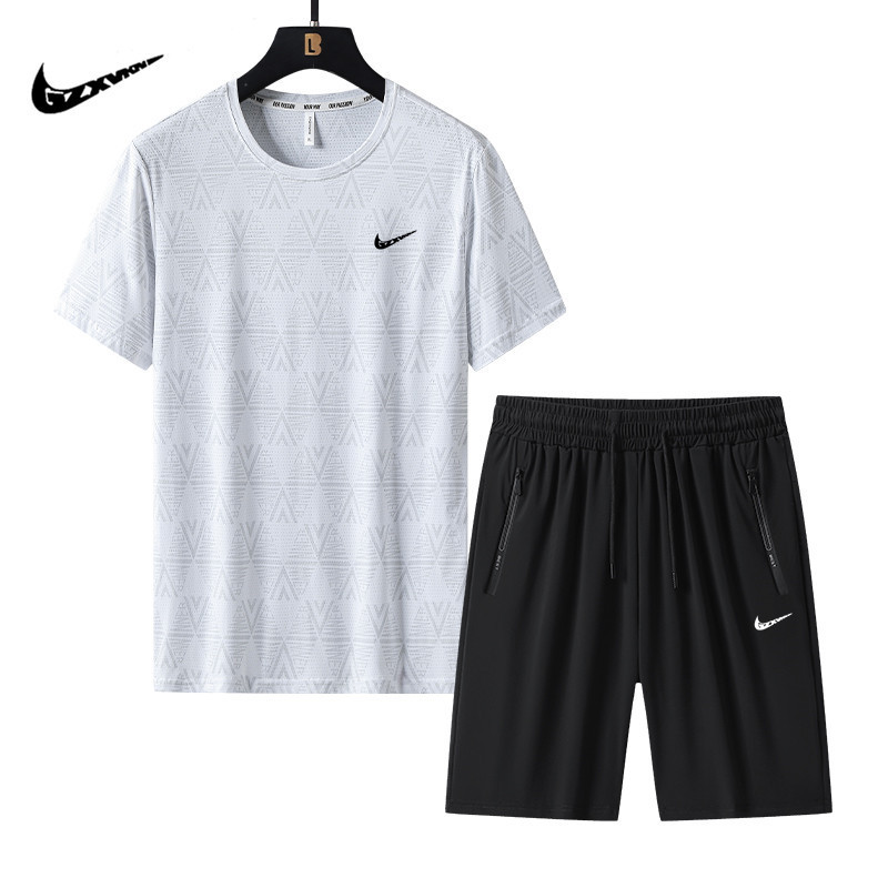 suit Men's Summer Dark Flower plus size Ice Silk Quick-drying Short-sleeved Men's Round Neck High-elastic Sports Fitness T-shirt Two-piece Fashionable Set