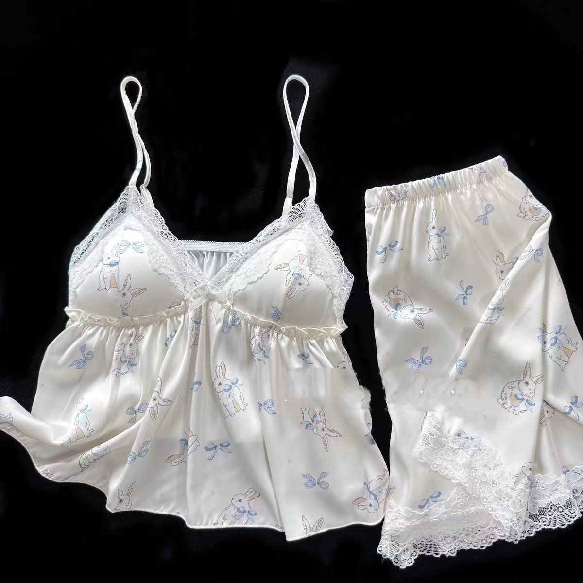 Spring and Autumn Pajamas Women's Pure Desire Suspender Shorts Sexy Home Clothes Cartoon Two-Piece Set with Breast Pad Soft and Waxy New Style