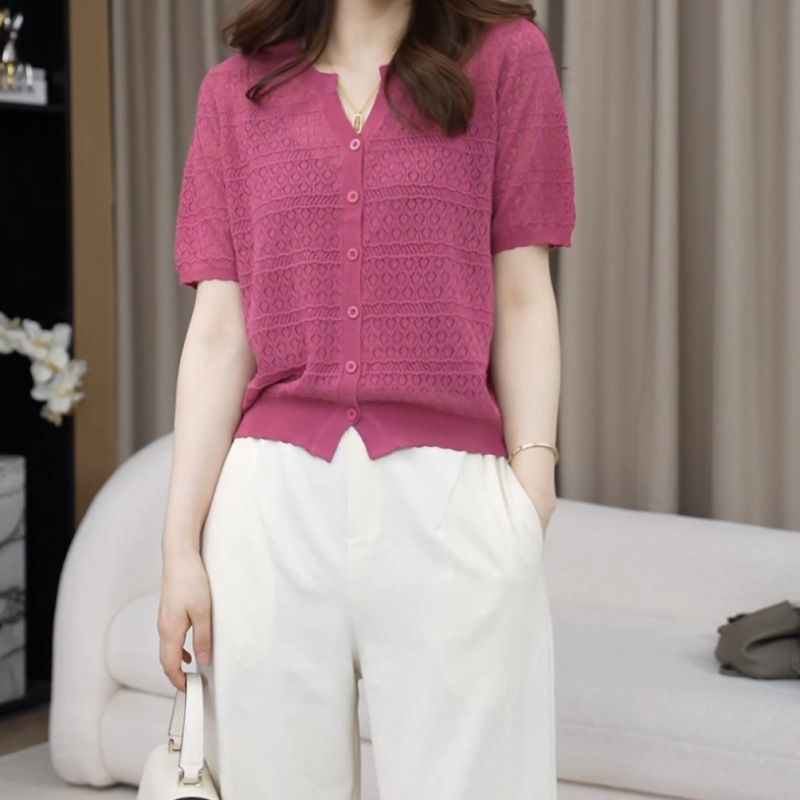2025 Summer New Style Scissor Collar Single-Breasted Linen Hollow-Out Short-Sleeve Knit Cardigan Women's Top H7-85