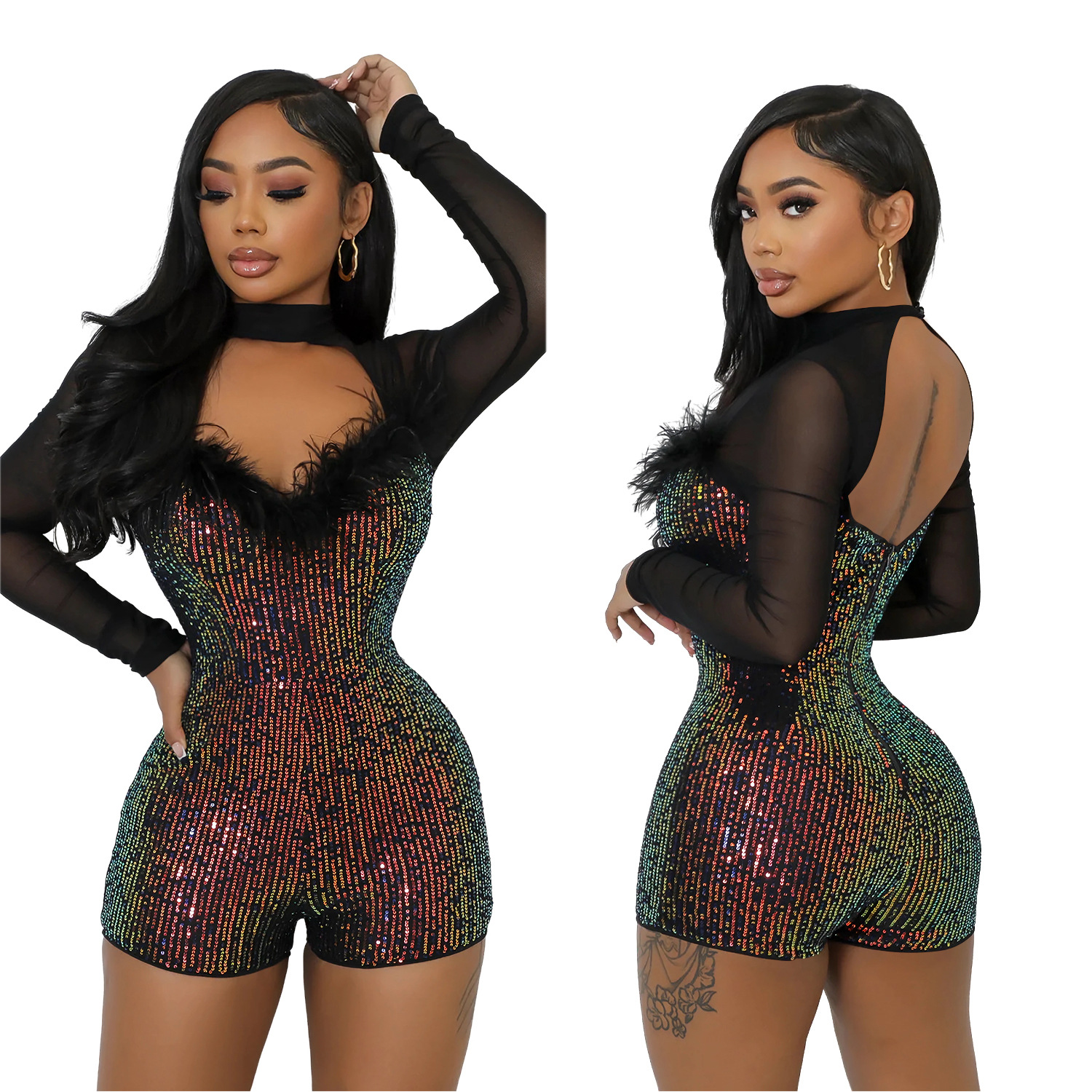 C7055 Aliexpress transfronterizo Amazon estación independiente de moda europea y americana ropa de mujer con cuentas profundas V vestido de manga larga corto image 5