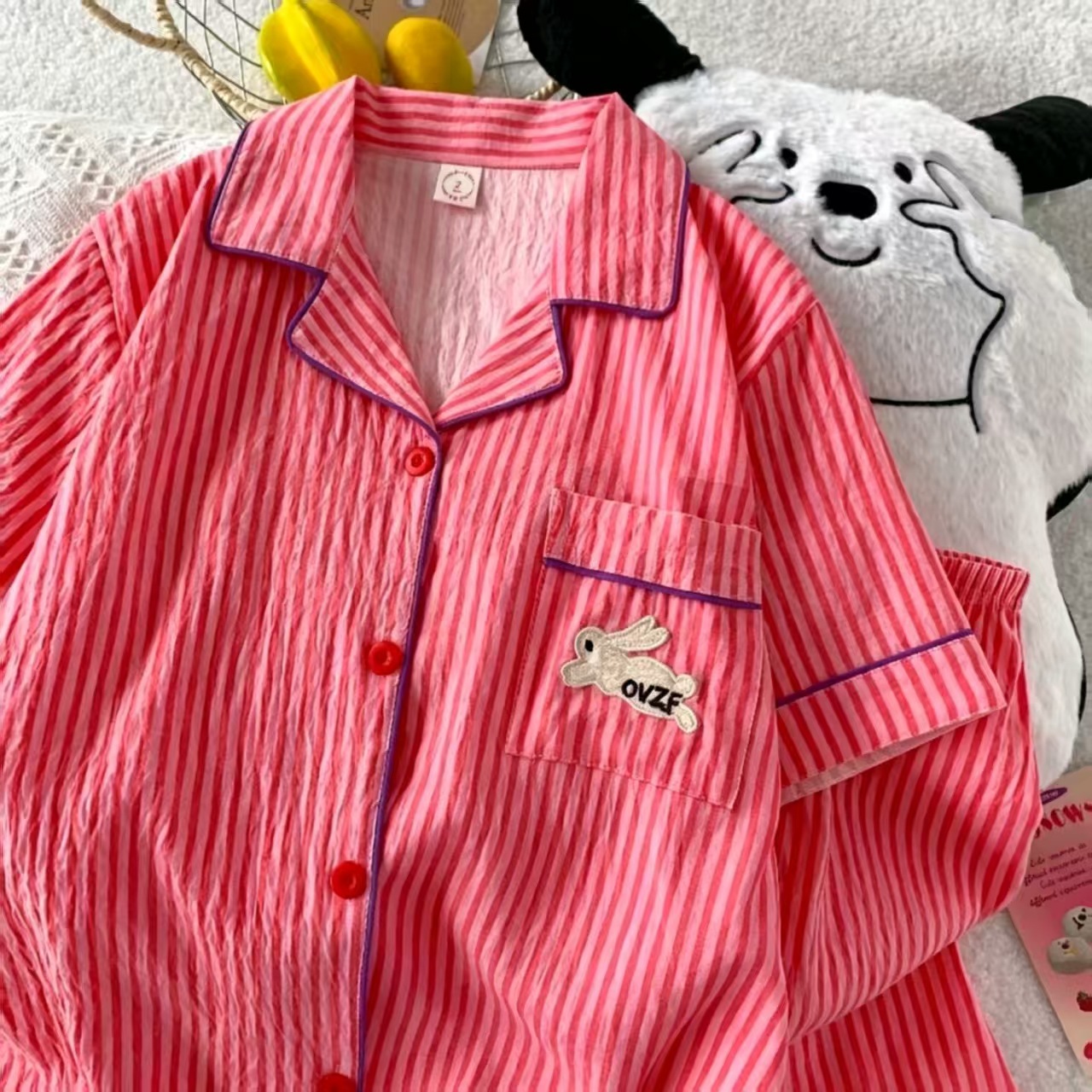 Verano nuevo pijama de algodón nube mujer dibujos animados bordados pantalones cortos de manga corta dos piezas pareja de estudiantes ropa de hogar grande