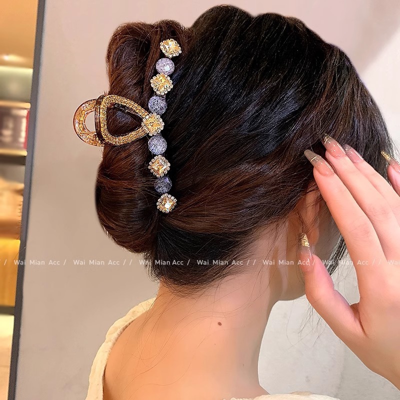 Korean High-End Blue Brushed Crystal Diamond Hair Clip, Elegant and Luxurious, Large Shark Clip for Updo at the Back of the Head