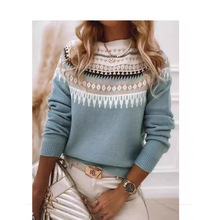 wish热卖亚马逊欧美新款毛衣女圆领拼色宽松时尚套头针织衫