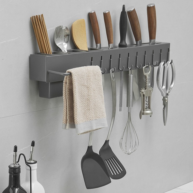 Pistola gris acero inoxidable portaherramientas jaula de palillos estante de cocina integrado almacenamiento de cuchillos tubo de palillos punzonado montado en la pared