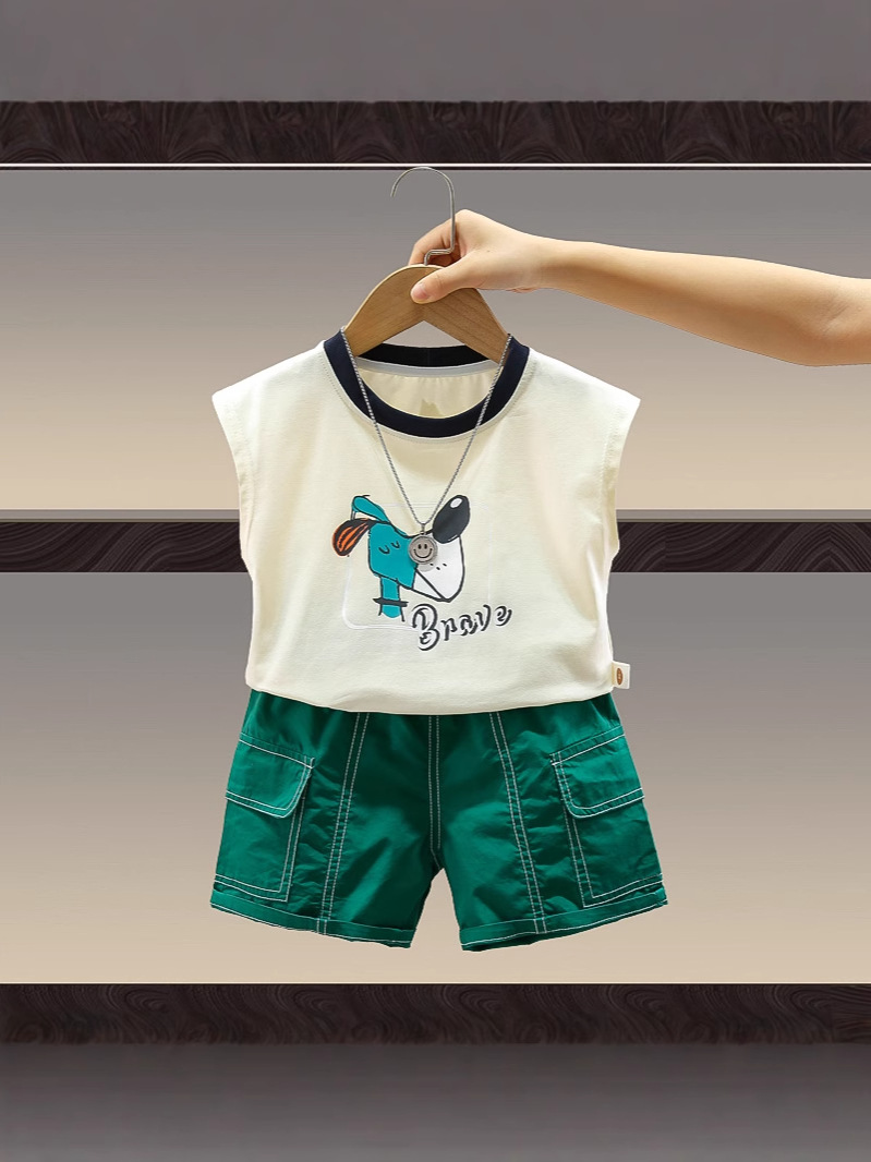 7922 traje de chaleco de verano para niños 2025 nuevo estilo ropa de dibujos animados para niños chaleco sin mangas de dos piezas de moda image 3