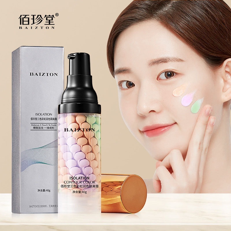 Baizhentang Three-Color Rainbow Tinted Primer Cream Brightens Skin Tone Refreshing Moisturizing Pre-Makeup Primer Natural Nude Makeup Wholesale