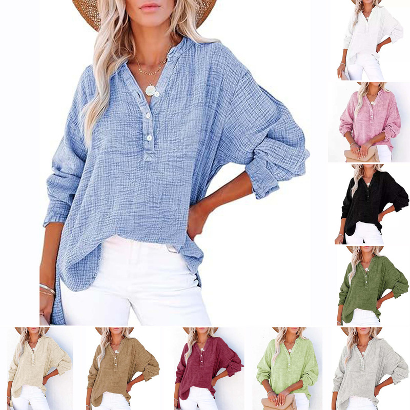 2025 Cross-Border European and American Fashion Spring and Autumn Pleated Button Long-Sleeve Solid Color Blouse Women's Shirt Loose Pullover 2025 Cross-Border European and American Fashion Spring and Autumn Pleated Button Long-Sleeve Solid Color Blouse Women's Shirt Loose Pullover