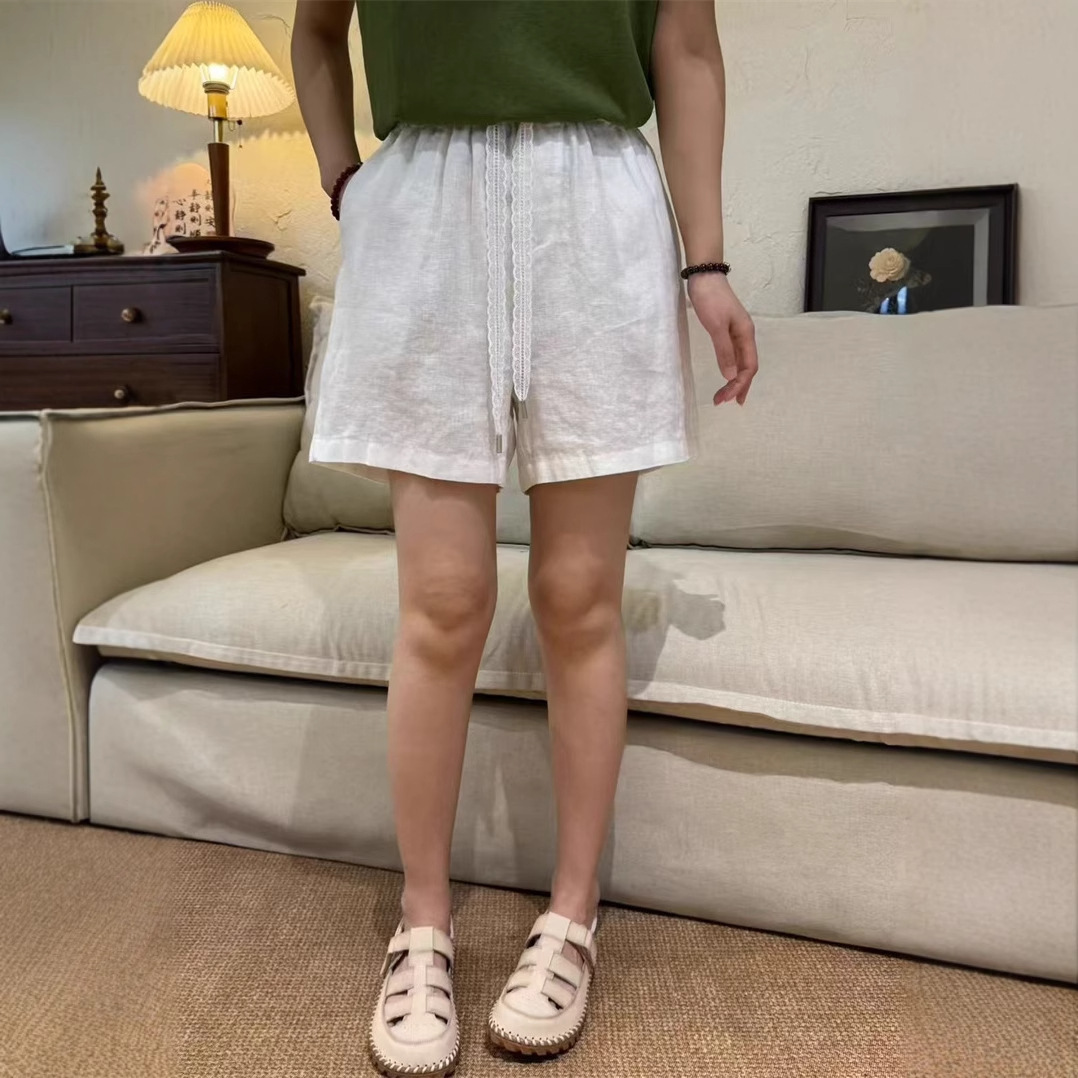 Retro Linen Pure Color Simple Shorts for Women 2025 Summer New Style Elastic Waist Tie Loose Fit Slimming Look Long Legs