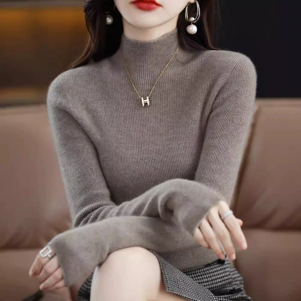 First-line Readymade Seamless Half-turtleneck Wool Sweater Women's Pullover Drawstring Sweater Slim-fit All-match Cashmere Knitted Base Shirt