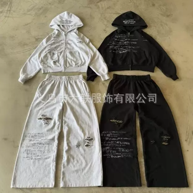 欧美豹纹破洞字母印花连帽衫男y2k设计感卫裤宽松百运动休闲套装