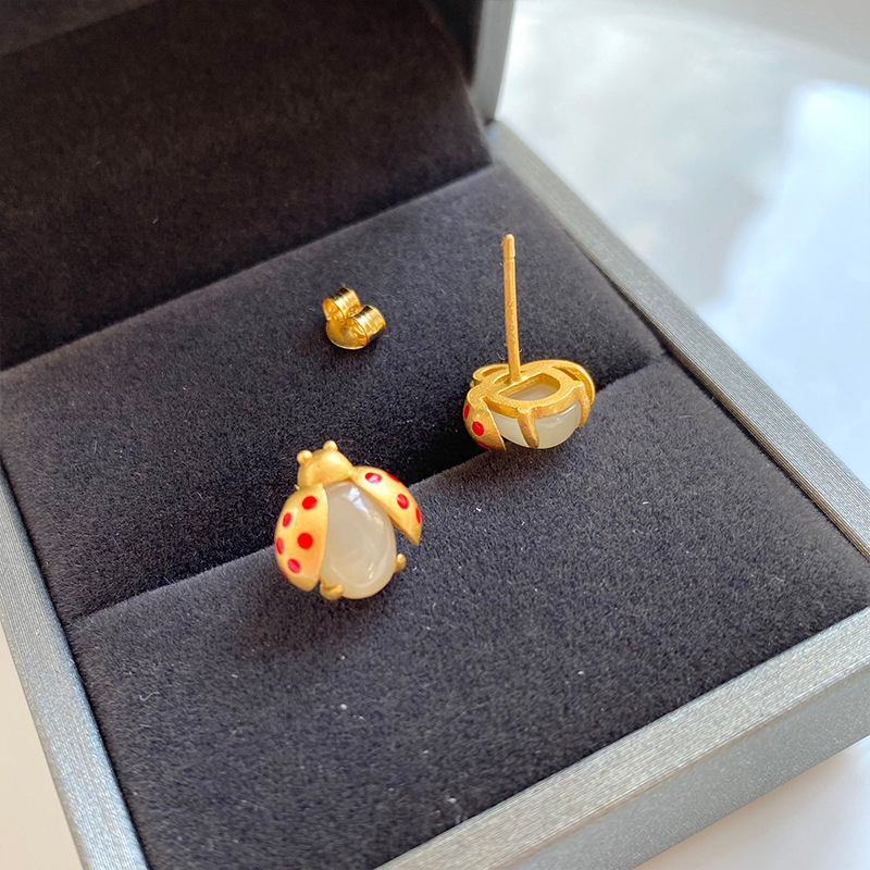 Cute ladybug necklace bracelet earrings sand gold plated Hetian jade necklace beetle pendant