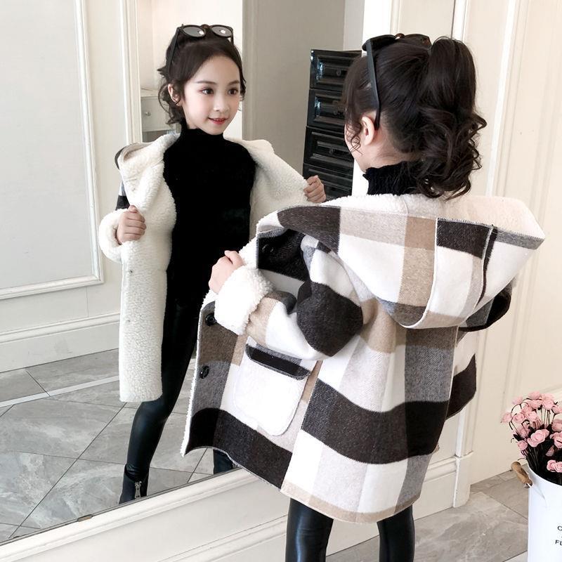 Girls' Outwear Autumn and Winter Mid-Length Little Girl Plaid Thickeneded Cashmere Woolen Outwear Medium and Large Kidsren's Woolen Outwear