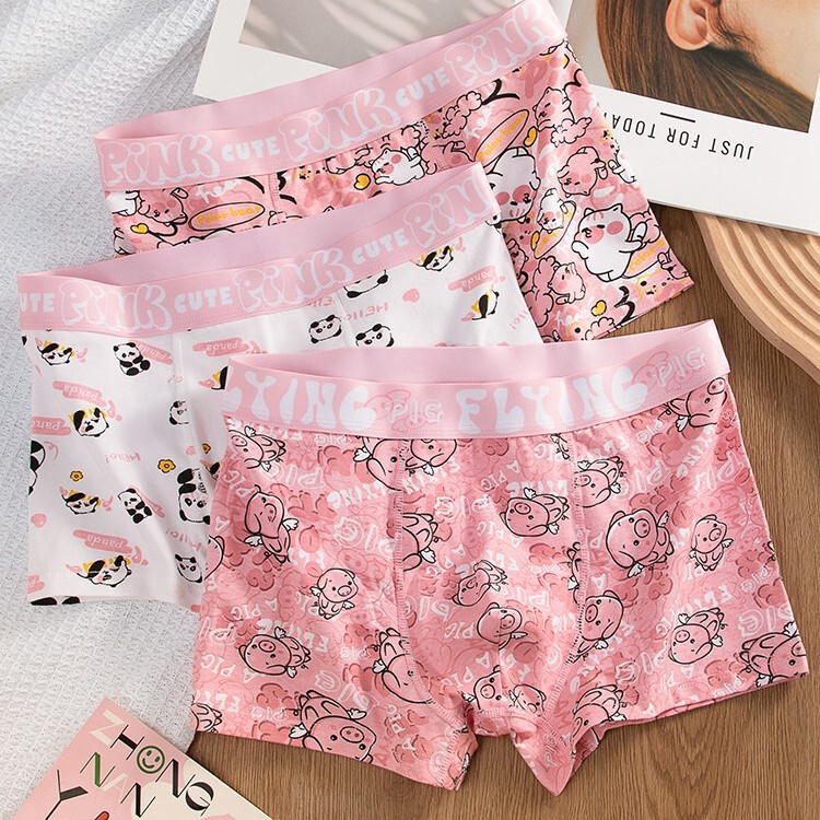 Pink Cartoon Cute Boxer Briefs for Boys, a Gift for Boyfriend on Chinese Valentine's Day, Youth Sports Cotton Boxer Briefs