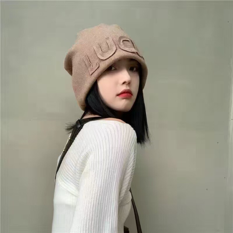 秋冬女士帽子堆堆帽字母冷帽百搭套头帽显脸小包头贴布护耳针织帽|undefined