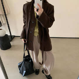 现货韩系2025年冬新款小众设计感复古V领显瘦羊毛西装大衣外套女