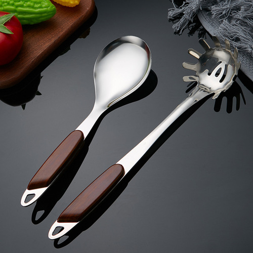 Stainless Steel Spatula and Spoon Set | Complete Kitchenware Collection | Household Stir-Fry Tools – Spatula, Spoon, and Strainer | Artistic Woodgrain Series