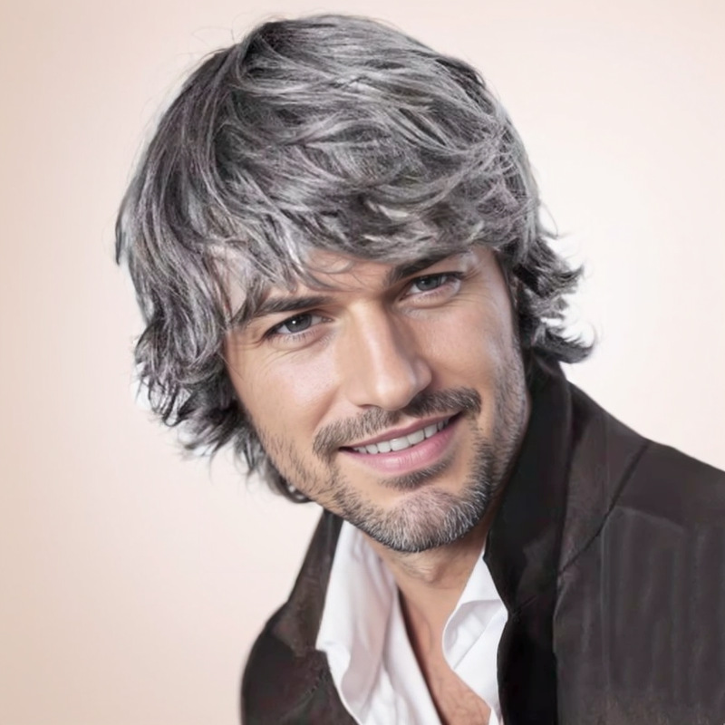 Comercio exterior, moda europea y americana, cabello corto para hombres, peluca marrón, flequillo largo y esponjoso, cabello lacio